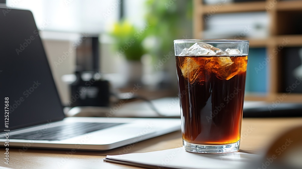 Refreshing Iced Beverage in Glass on Desk with Laptop and Foliage Refreshing Iced Beverage in Glass on Desk with Laptop and Foliage