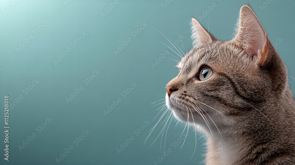Short-haired western cat gazing thoughtfully against a soft teal background Short-haired western cat gazing thoughtfully against a soft teal background