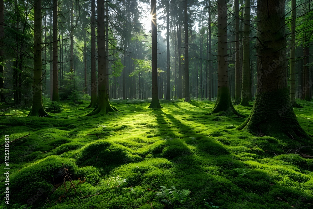 Obraz premium Serene Forest Landscape with Sunlight Filtering Through Trees for Nature-Themed Designs