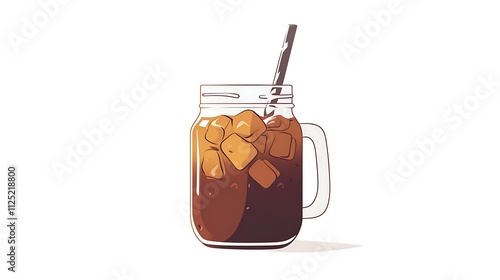 Refreshing Iced Coffee Beverage in a Jar with Straw and Ice Cubes