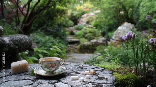 Tranquil Garden Tea Setting with Floral Cup and Sugar Cubes