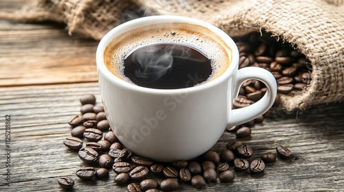 Freshly Brewed Coffee in White Cup with Roasted Beans and Aroma