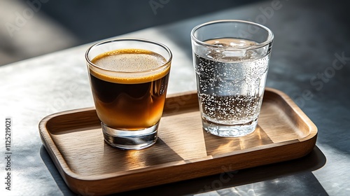 Coffee and Sparkling Water on Wooden Tray with Dark Background