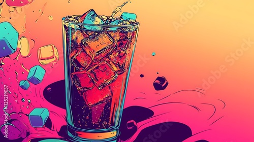 Colorful Splash of Refreshing Beverage with Ice Cubes and Vibrant Background