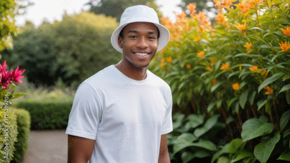 Young black man wearing white t-shirt and white bucket hat standing in the garden Young black man wearing white t-shirt and white bucket hat standing in the garden