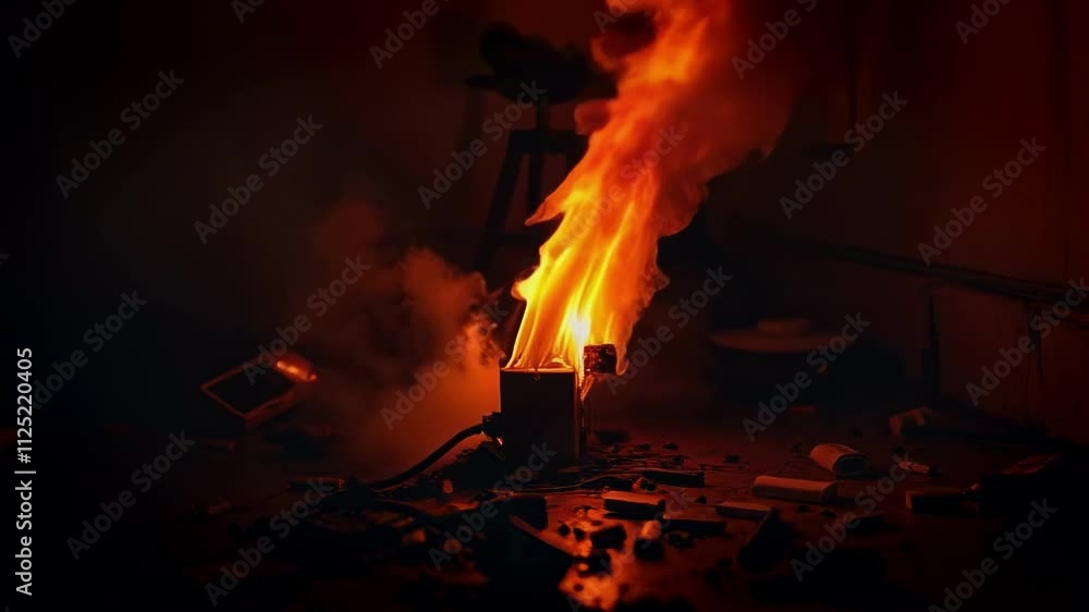 A burning electrical outlet on the floor in a room A burning electrical outlet on the floor in a room
