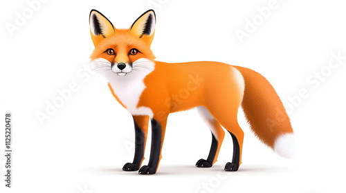 A stylized, cartoon-like fox stands with a vibrant orange coat and striking features against a white background.