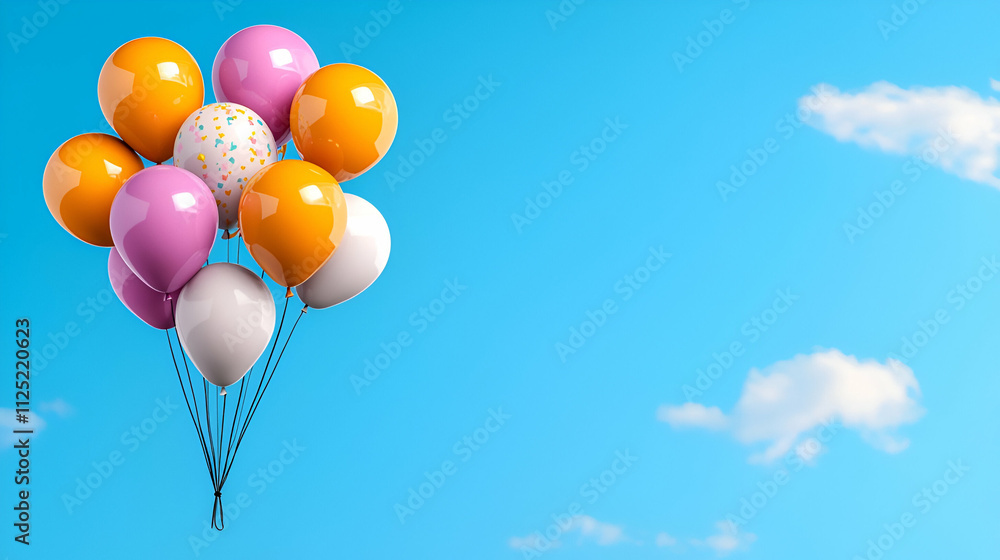 Colorful balloons floating in a bright blue sky, creating a cheerful and festive atmosphere. Colorful balloons floating in a bright blue sky, creating a cheerful and festive atmosphere.