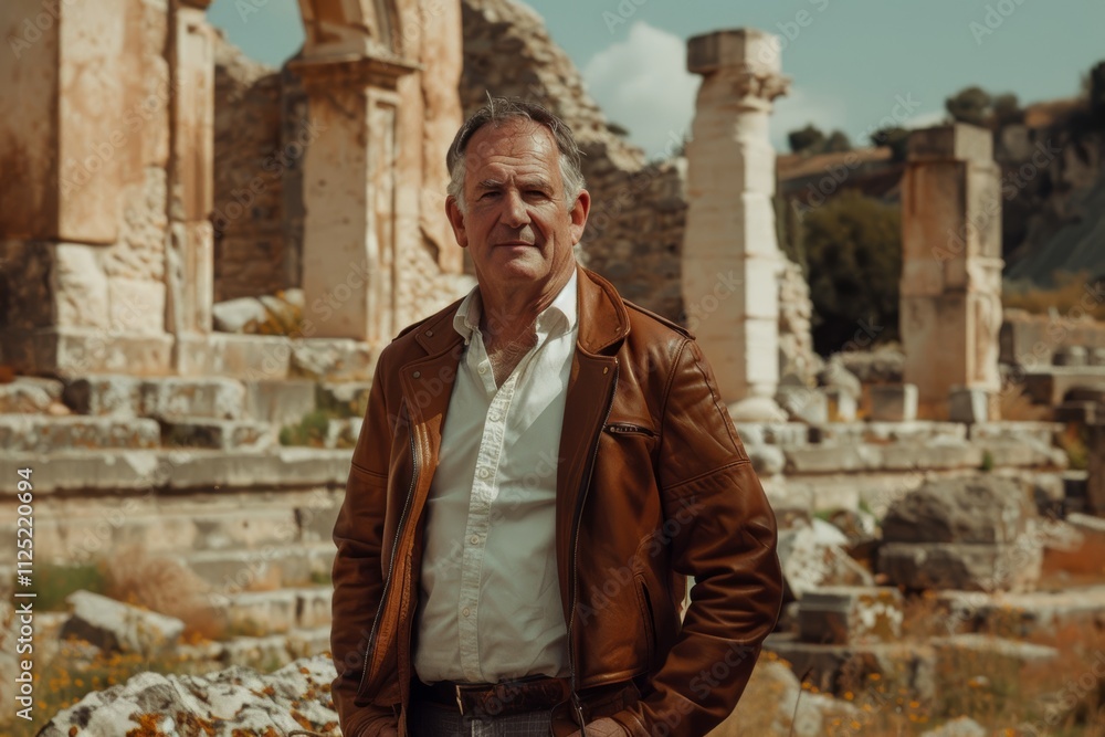 Portrait of a merry man in his 50s sporting a stylish leather blazer while standing against backdrop of ancient ruins
