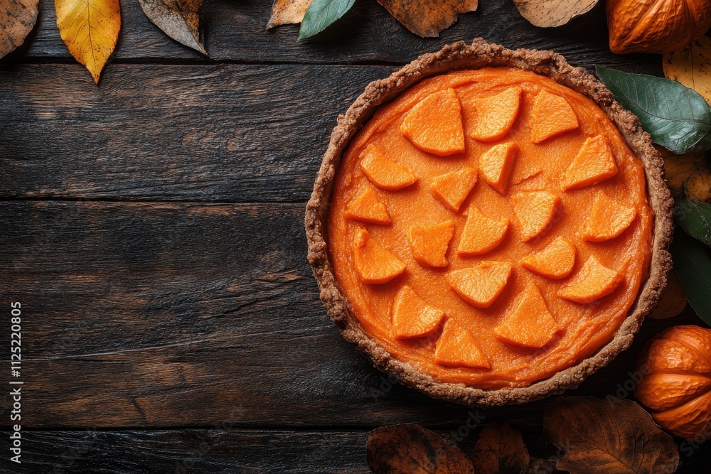 A pumpkin pie adorned with orange slices, surrounded by autumn leaves on a wooden table. A pumpkin pie adorned with orange slices, surrounded by autumn leaves on a wooden table.