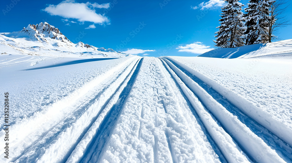 Snow-covered landscape with clear blue skies and ski tracks leading into the distance, surrounded by snow-draped trees and mountains. Snow-covered landscape with clear blue skies and ski tracks leading into the distance, surrounded by snow-draped trees and mountains.