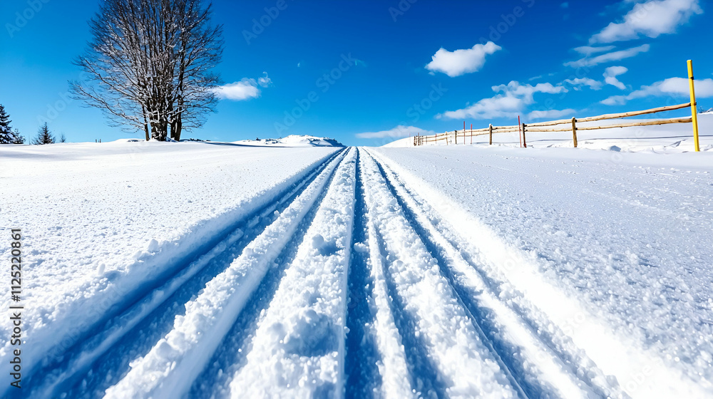 A peaceful winter landscape featuring a snow-covered path under a bright blue sky, flanked by trees and a wooden fence. A peaceful winter landscape featuring a snow-covered path under a bright blue sky, flanked by trees and a wooden fence.