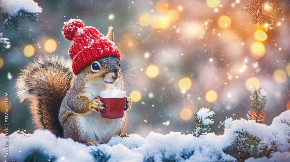 Happy Squirrel in Red Knitted Hat Holding Cup in Winter Setting Happy Squirrel in Red Knitted Hat Holding Cup in Winter Setting