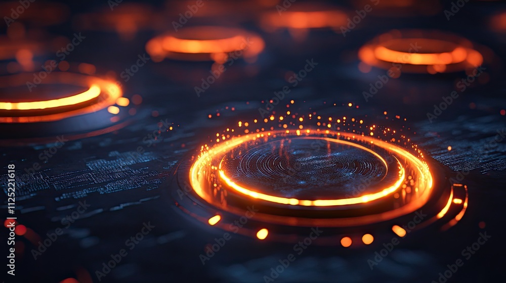 Abstract Futuristic Technology Interface: Glowing Orange Rings and Digital Particles Abstract Futuristic Technology Interface: Glowing Orange Rings and Digital Particles