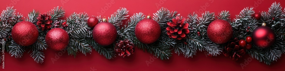 Festive Christmas Garland with Red Berries and Ornaments on Deep Red Background Festive Christmas Garland with Red Berries and Ornaments on Deep Red Background