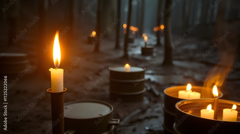 Dramatic view of oil barrels in muddy forest environment, surrounded by trees and reflecting light. Dramatic view of oil barrels in muddy forest environment, surrounded by trees and reflecting light.