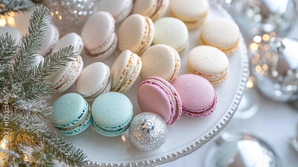 Overhead View of Colorful Macarons on Elegant Dessert Table