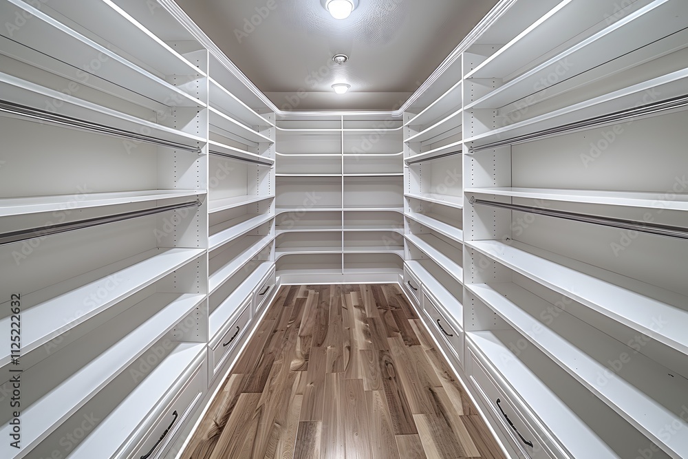 Obraz premium Spacious Modern Pantry with White Shelving and Hardwood Floors for Organized Storage Solutions