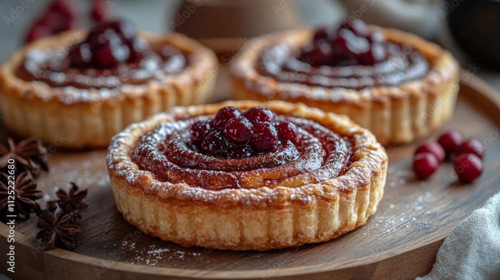 Three beautifully baked tartlets sit on a wooden tray, featuring a rich filling and topped with vibrant cranberries. Powdered sugar adds a touch of sweetness. Three beautifully baked tartlets sit on a wooden tray, featuring a rich filling and topped with vibrant cranberries. Powdered sugar adds a touch of sweetness.