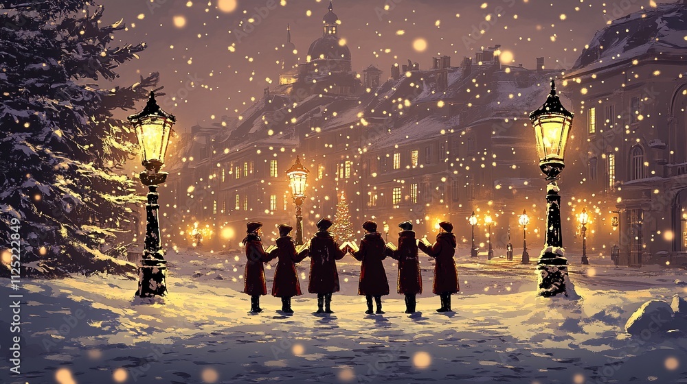 Obraz premium Banner of Christmas holiday, winter season. Teenagers Carolers singing traditional songs under vintage street lamps in charming old town square.