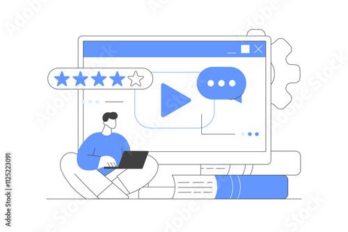 Character self studying online in internet educational platform. Student talking with teacher. Distance learning and online education concept. Course review. Flat Cartoon Vector Illustration, icon