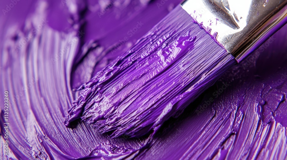 A close-up of bristles on a paint brush, saturated with vibrant purple paint A close-up of bristles on a paint brush, saturated with vibrant purple paint