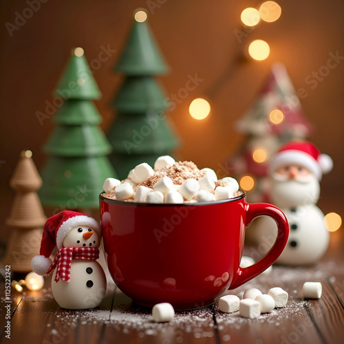 A warm background with Christmas trees and lights, a cup of hot chocolate with marshmallows in a red mug, snowman figures, Santa Claus figures, Christmas tree figures photo