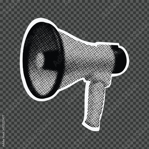 Halftone megaphone illustration Announcement  with halftone stipple effect, for grunge punk y2k collage design. Pop art style dotted crazy elements. Vector illustration