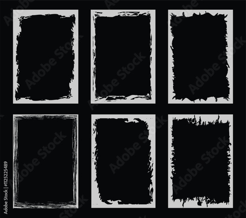 Grunge Frames, Corners, Background and Textures. Grunge border set. Dirty borders collection on black background.
