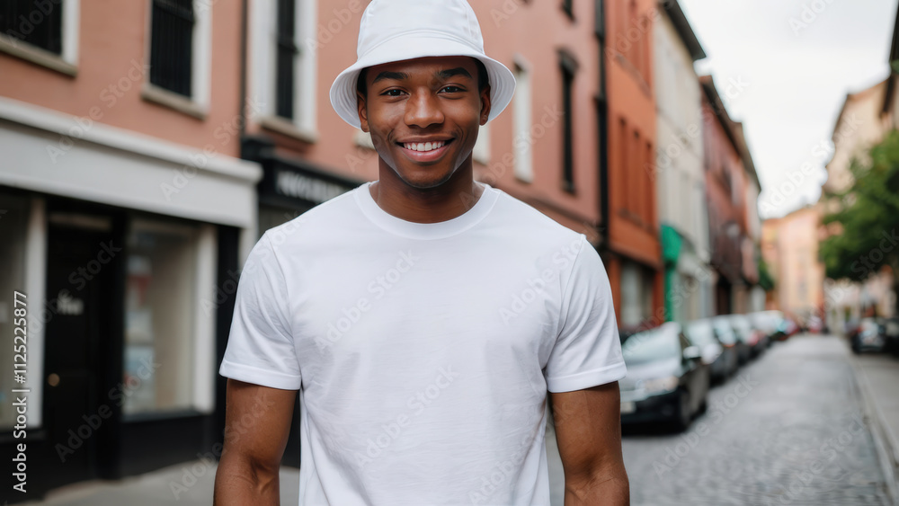 Young black man wearing white t-shirt and white bucket hat standing on the street Young black man wearing white t-shirt and white bucket hat standing on the street