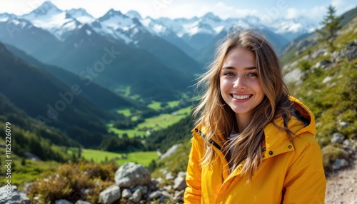 Adventure Hiking Young Woman Smiling in Scenic Mountain Valley Vibrant Nature Landscape View