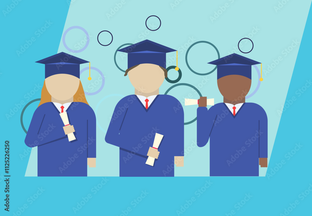 Three students` graduation in blue gown from master's degree Three students` graduation in blue gown from master's degree