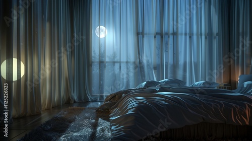 A serene bedroom scene at night with moonlight streaming through sheer curtains onto a plush bed, emphasizing peace and calm