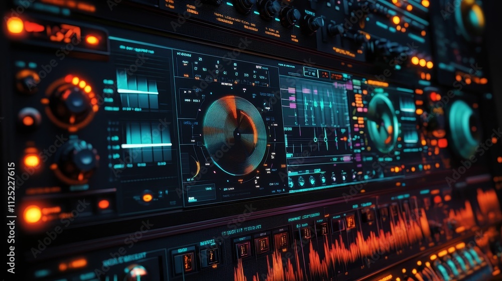 Futuristic audio mixer; glowing digital controls. Futuristic audio mixer; glowing digital controls.