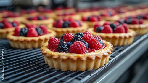 A tray filled with freshly baked fruit tarts is cooling, each featuring a golden pastry shell topped with an assortment of raspberries and blackberries.