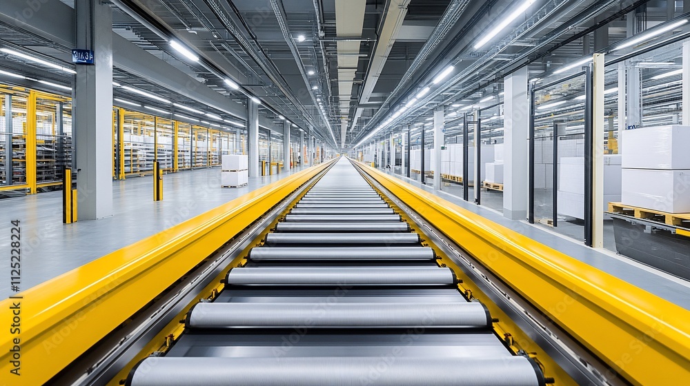 Fototapeta premium Modern warehouse interior with long conveyor belt system.