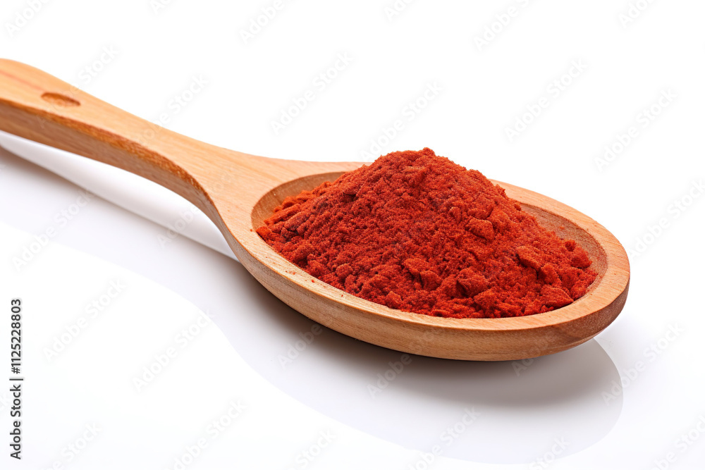 Cayenne pepper in wood spoon isolated on clear white background Cayenne pepper in wood spoon isolated on clear white background