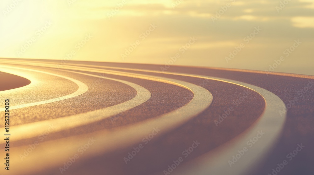 A beautiful curved running track leads towards the horizon, illuminated by the warm glow of sunset, ideal for athletic pursuits. Generative AI A beautiful curved running track leads towards the horizon, illuminated by the warm glow of sunset, ideal for athletic pursuits. Generative AI