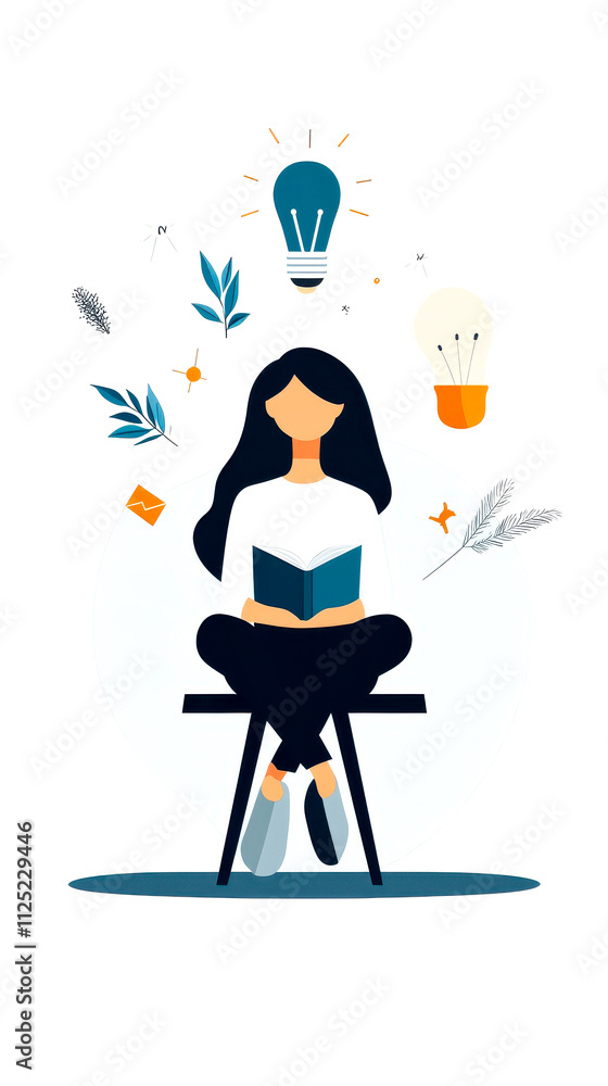 A woman sits on a chair, reading a book, surrounded by symbols of creativity and inspiration, such as light bulbs and leaves. A woman sits on a chair, reading a book, surrounded by symbols of creativity and inspiration, such as light bulbs and leaves.