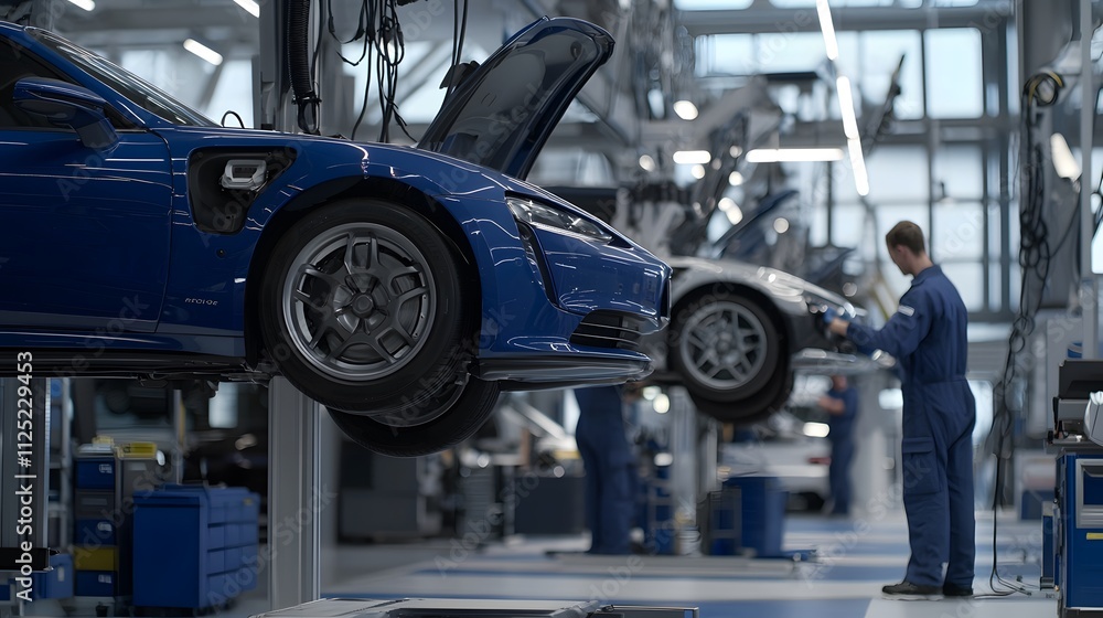 Fototapeta premium Diagnostics and testing for effective mechanics repair. A mechanic works on two cars in a modern automotive workshop, showcasing a clean and organized environment with advanced repair equipment.