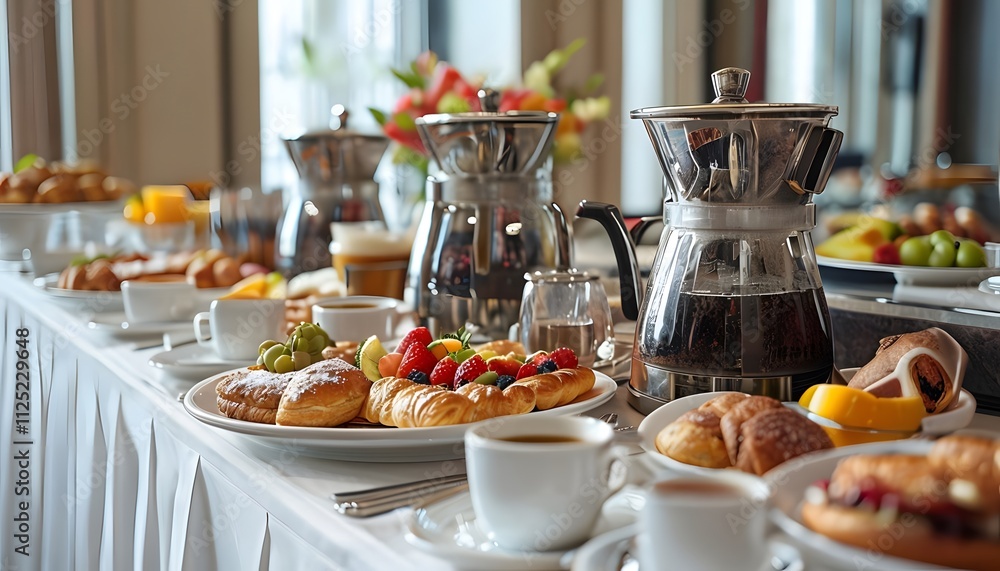 Elegant Hotel Breakfast Spread on a Buffet Table (Fresh Pastries, Fruits, and Coffee Car) Elegant Hotel Breakfast Spread on a Buffet Table (Fresh Pastries, Fruits, and Coffee Car)