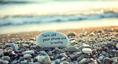 Burnout break, digital detox. Tranquil beach scene with inspirational message on stone by the seashore