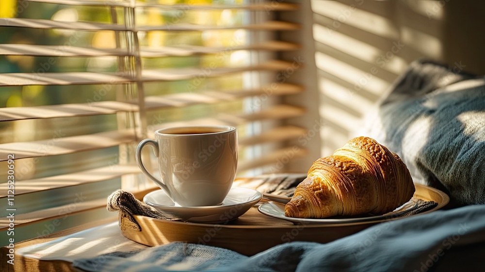 A cozy breakfast setting with a coffee cup and croissant on a tray, with dappled sunlight filtering through blinds A cozy breakfast setting with a coffee cup and croissant on a tray, with dappled sunlight filtering through blinds