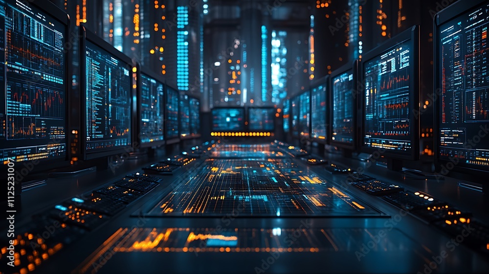 Fototapeta premium Futuristic server room with glowing monitors displaying data streams.