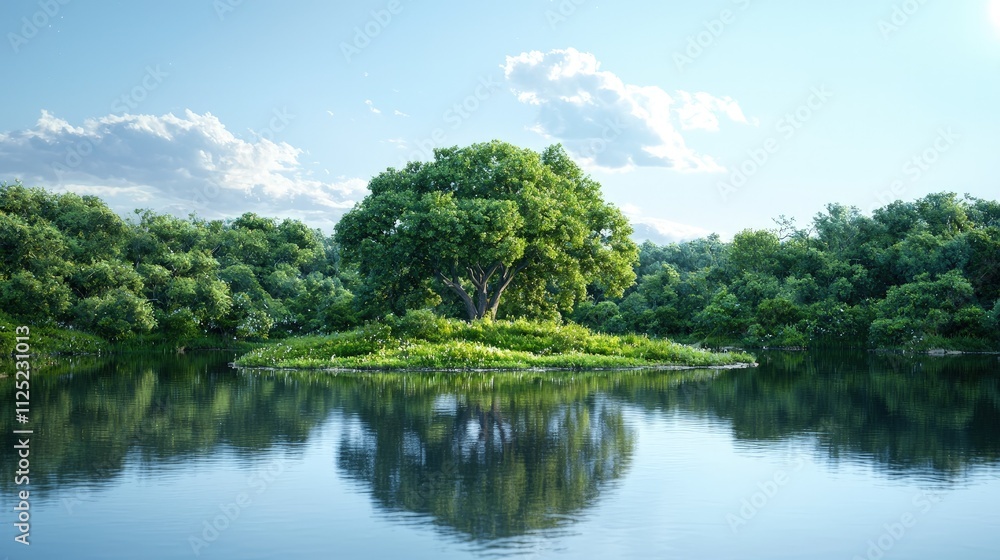Serene lake with lush green island and tree reflecting in calm water under a blue sky. Serene lake with lush green island and tree reflecting in calm water under a blue sky.