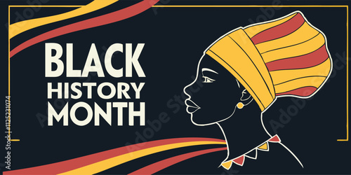 black history month celebration banner with african woman silhouette and colorful headwrap