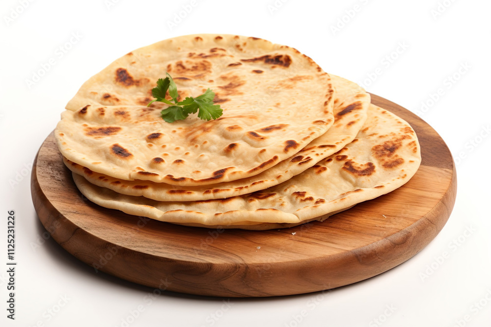Chapati bread on a wooden board isolated on clear white background Chapati bread on a wooden board isolated on clear white background