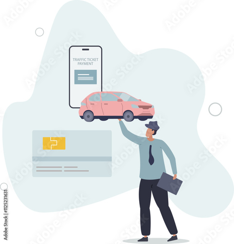 Pay traffic ticket online with bank transaction or credit card.Payment for vehicle driving toll roads infrastructure.flat characters.