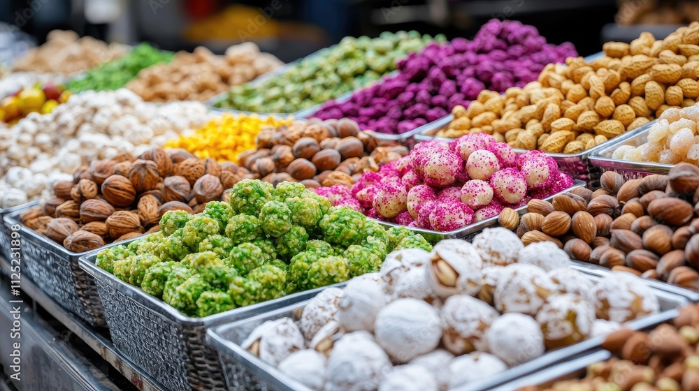 Fototapeta premium Colorful assortment of nuts and sweets displayed in metal trays at a market.