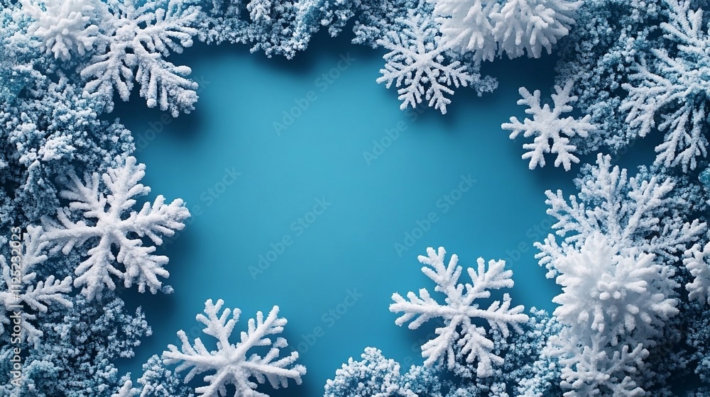 Frosted White Snowflakes on Blue Background for Winter Border Frosted White Snowflakes on Blue Background for Winter Border